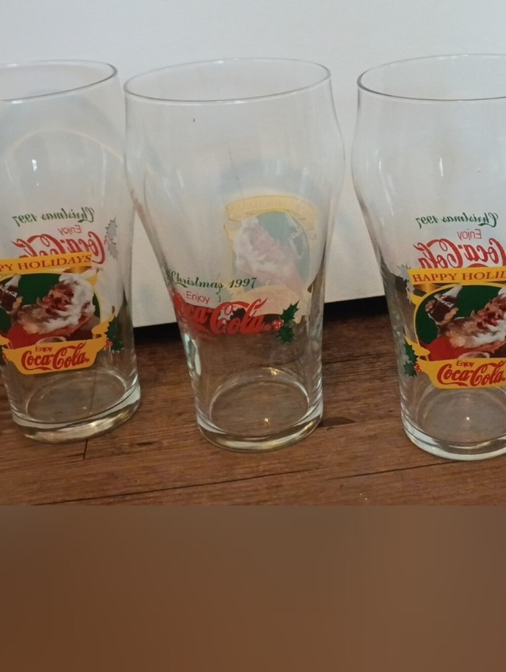 Vintage 1997 Coca Cola Clear Holiday Glasses with Red and Green Festive Graphics